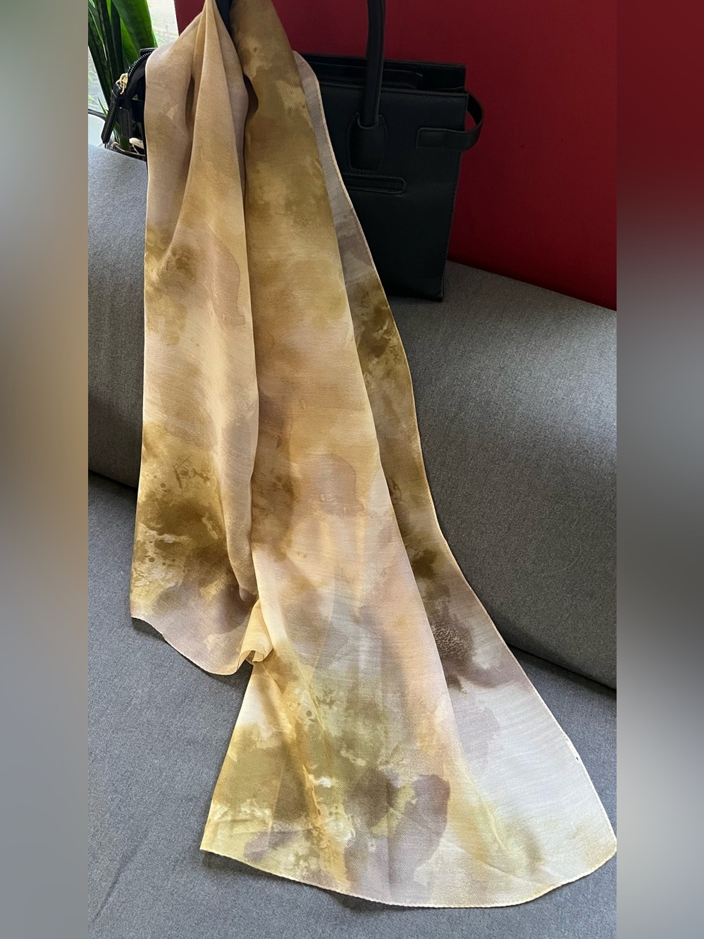 Cashmere Silk Scarf Watercolor Tie Dye Mottled Olive Tan Beige Wrap 21x68